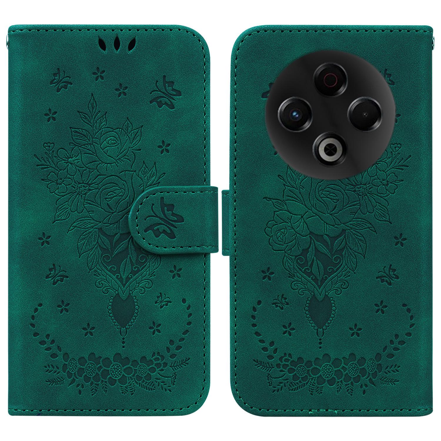

For TECNO Spark 30 4G Case Butterfly Flower Imprint PU Leather Wallet Phone Cover with Strap Green