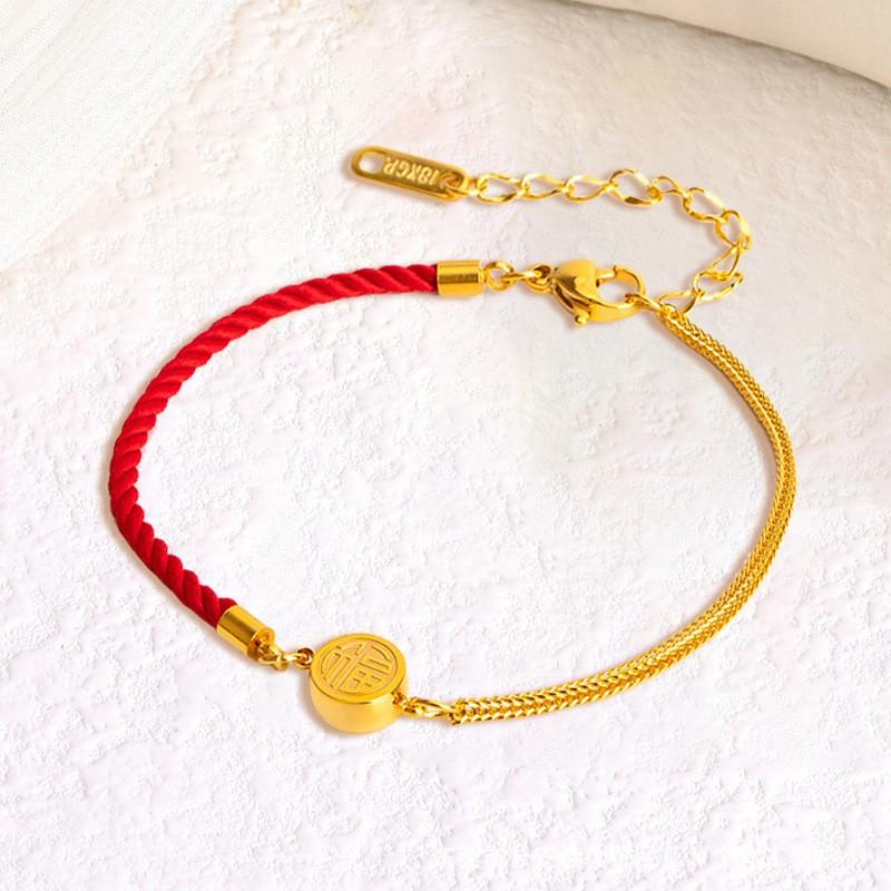 Gold Plated Titanium Steel Lucky Chinese Fu Charm Braided Rope Bracelet Women Fashionable Handmade Wristband