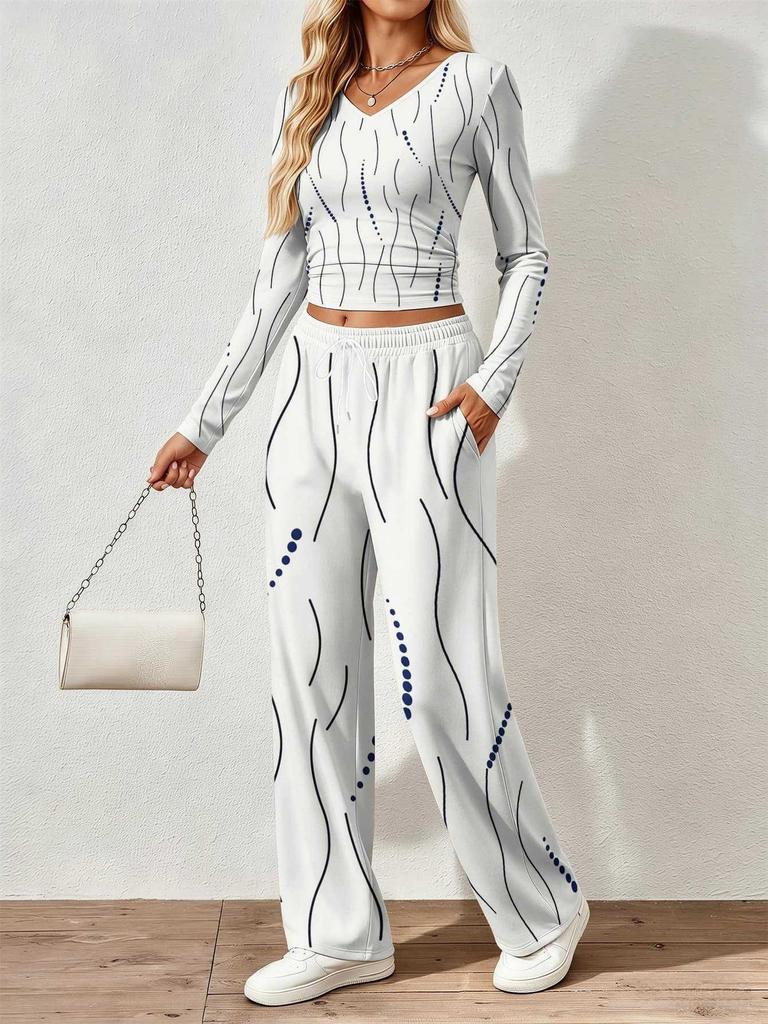 Spring and Autumn digital print women's V-neck long sleeve pants set, comfortable, casual, versatile, slim fit two-piece set