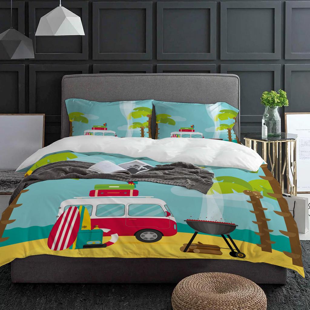 Camping Car Beach Cartoon Trees Sea Bedding Set 3pcs Duvet Cover Pillowcase Kids Adult Quilt Cover Double Bed Set Home Textile