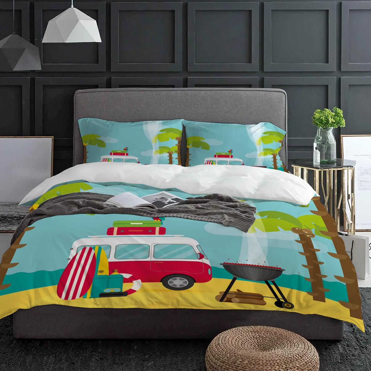 

Camping Car Beach Cartoon Trees Sea Bedding Set 3pcs Duvet Cover Pillowcase Kids Adult Quilt Cover Double Bed Set Home Textile EU single(135x200cm)