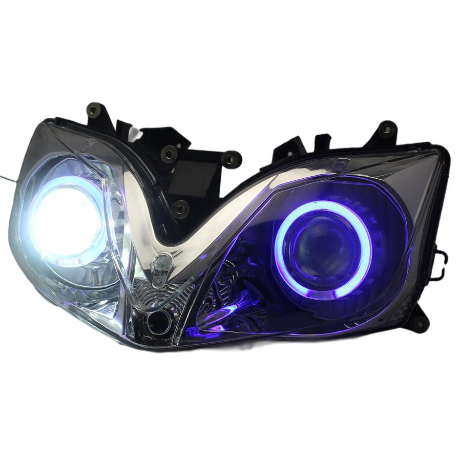

Motorcycle Custom Angel Eyes LED Headlight Assembly HID Projector Bi-Xenon Head Light Lamp For Honda CBR 600 CBR600 F4i 2001-07 синій