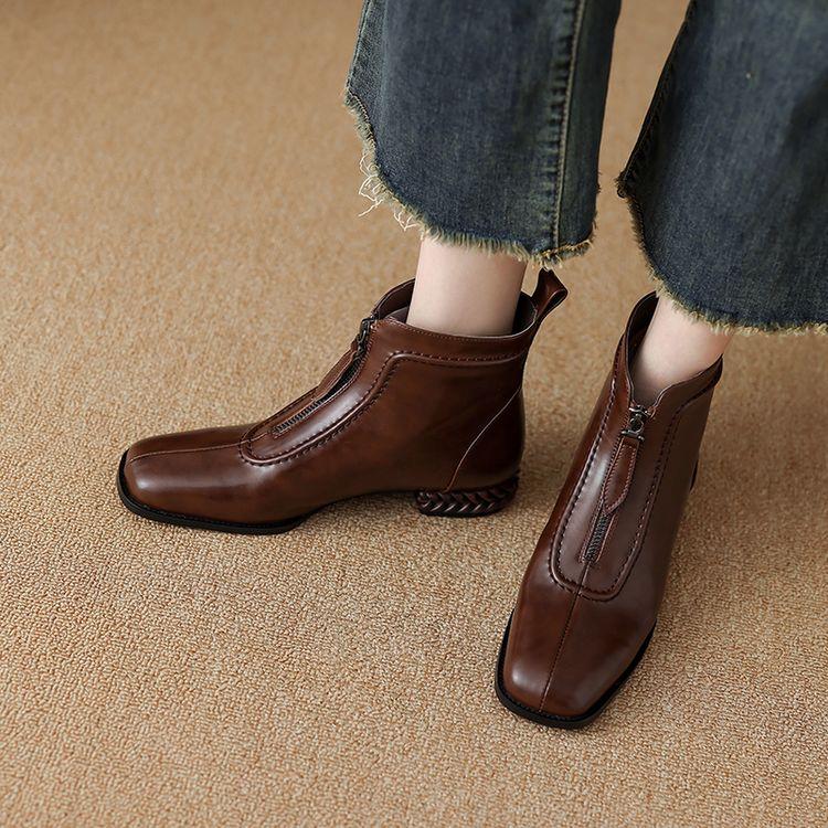 Fashion NEW Autumn/Winter Women Boots Square Toe Chunky Heel Shoes Split Leather Shoes for Women Zipper Ankle Boots Black Modern Boots