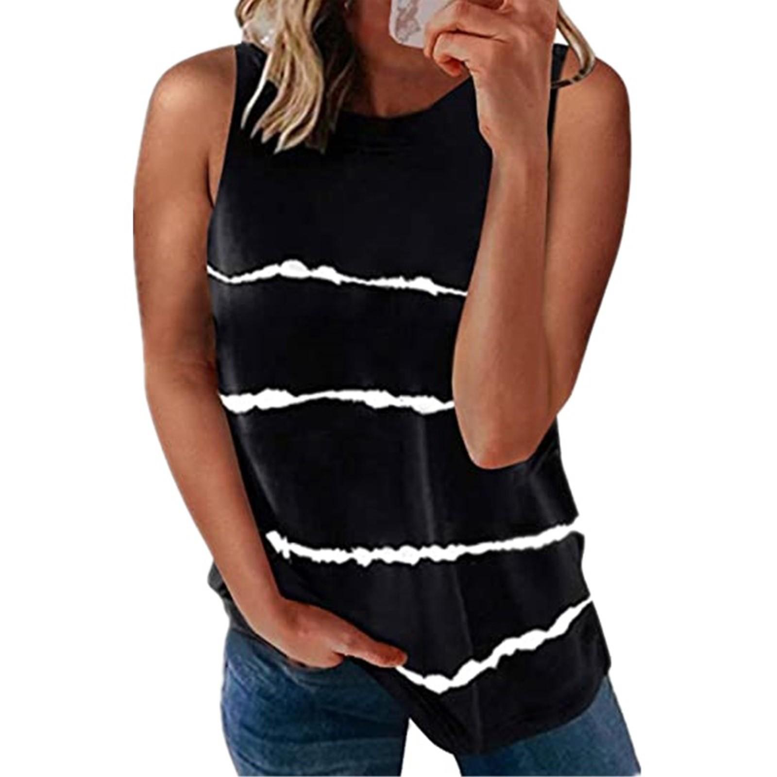 

Fashion Women s Loose Sleeveless T-shirt Round Neck Striped Print Tops L чорний