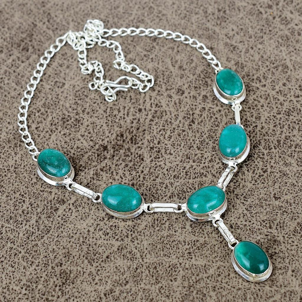 Green Jade Gemstone Handmade 925 Sterling Silver Jewelry Necklace 18" KKG-396