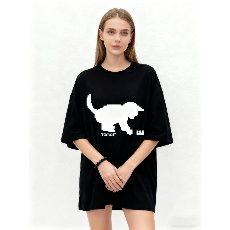 Oversized T Shirt Black Pixel Monkey Print Tomcat Logo Casual Streetwear Fashion Women Summer Top
