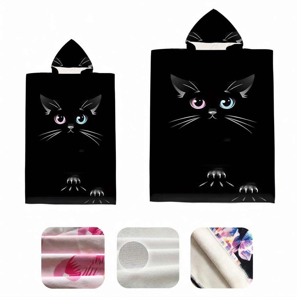 Heterochromia Black Cat Hooded Towel Flat Print Microfiber Changing Robe for Swimming Beach Pool Poncho for Children Adults