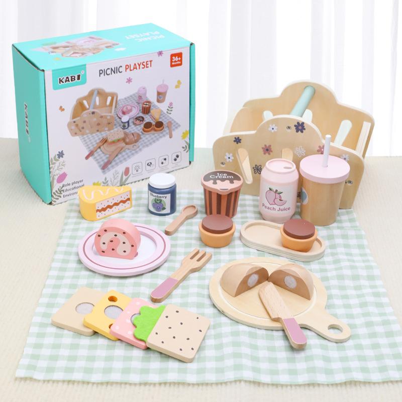 Kids Pretend Play Simulation Portable Picnic Basket Kitchen Food Toys Wooden Food Play Set Imitation Game Roleplay Toy for Kids