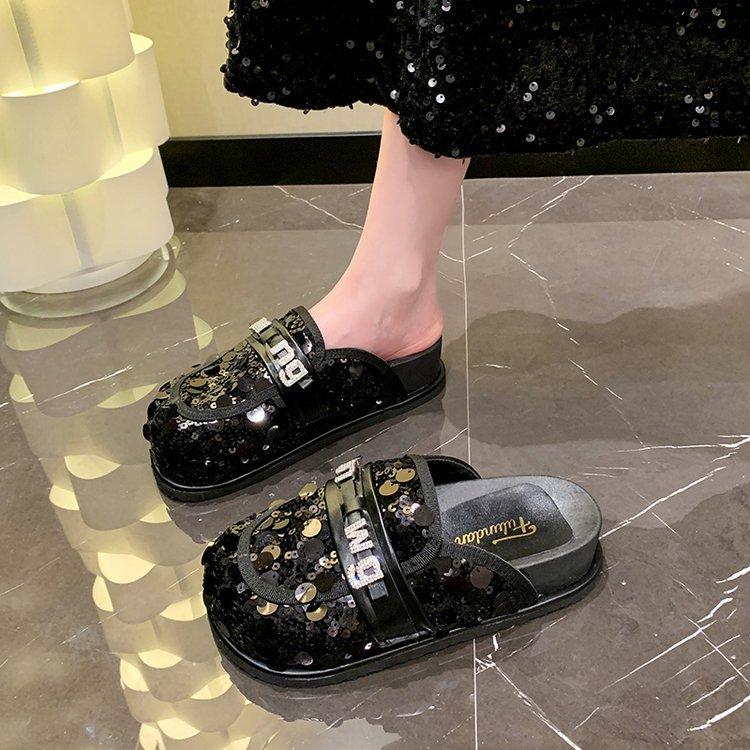 Doll Head Sequined Bag Head Half Slippers Women's 2025 Spring New Versatile Rhinestone Platform Lazy Shoes Cool Slippers Tide