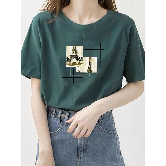 

Pure cotton Hong Kong style dark green foreign style round neck short-sleeved t-shirt women s 2025 summer new Korean version loose printed top 3XL