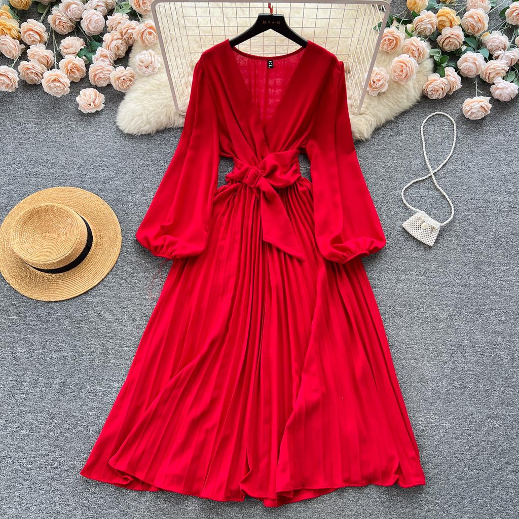 Autumn Women Vintage Pleated Midi Dress Elegant V-Neck Puff Long Sleeve High Waist A-Line Red Green Dresses