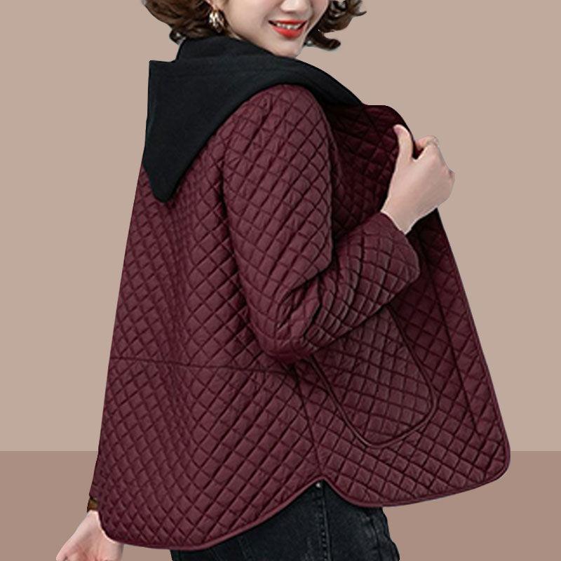 Rhombic Cotton Women's Autumn and Winter Fashion Age-reducing Middle-aged Mother's Hooded Loose Large Size Quilted Jacket
