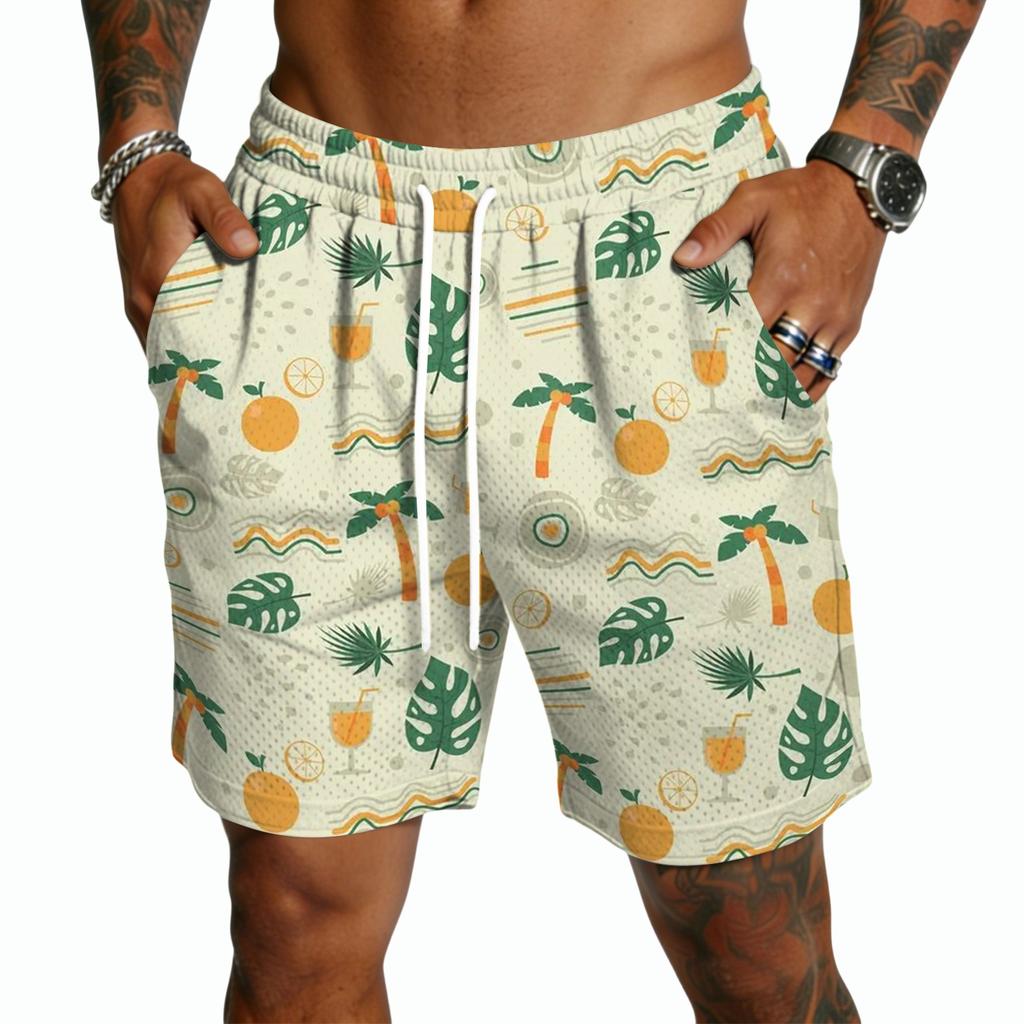 Men's Casual Drawstring Shorts Lightweight Quick Dry Five Inch Inseam Hawaiian Print Beachwear Summer Bottoms with Pockets