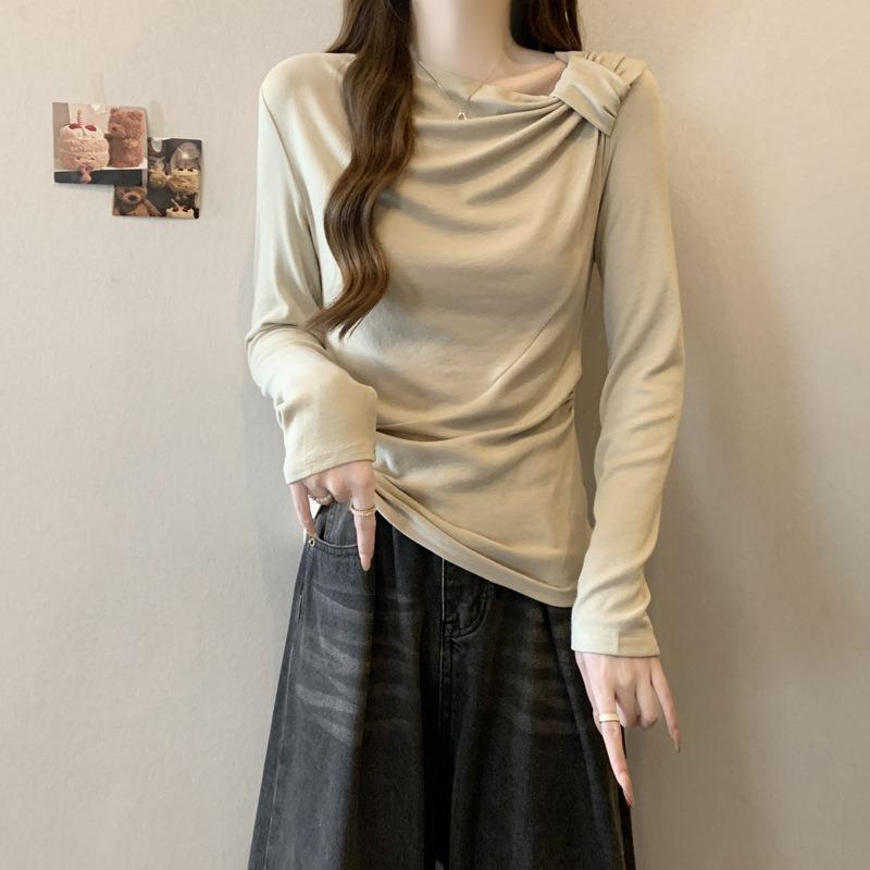Autumn and Winter Fleece Polished Warm Bottoming Shirt Women's Inner Slim-fitting Diagonal Collar Pleated Design Long-sleeved T-shirt Tide