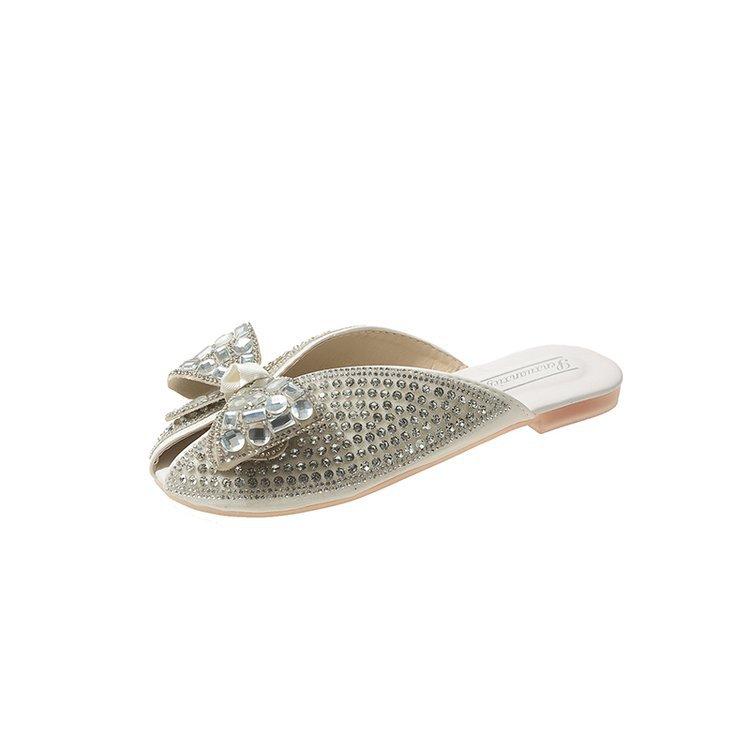 Fish mouth half slippers female summer wear 2024 new French rhinestone fairy wind pearl bag head lazy muller sandals