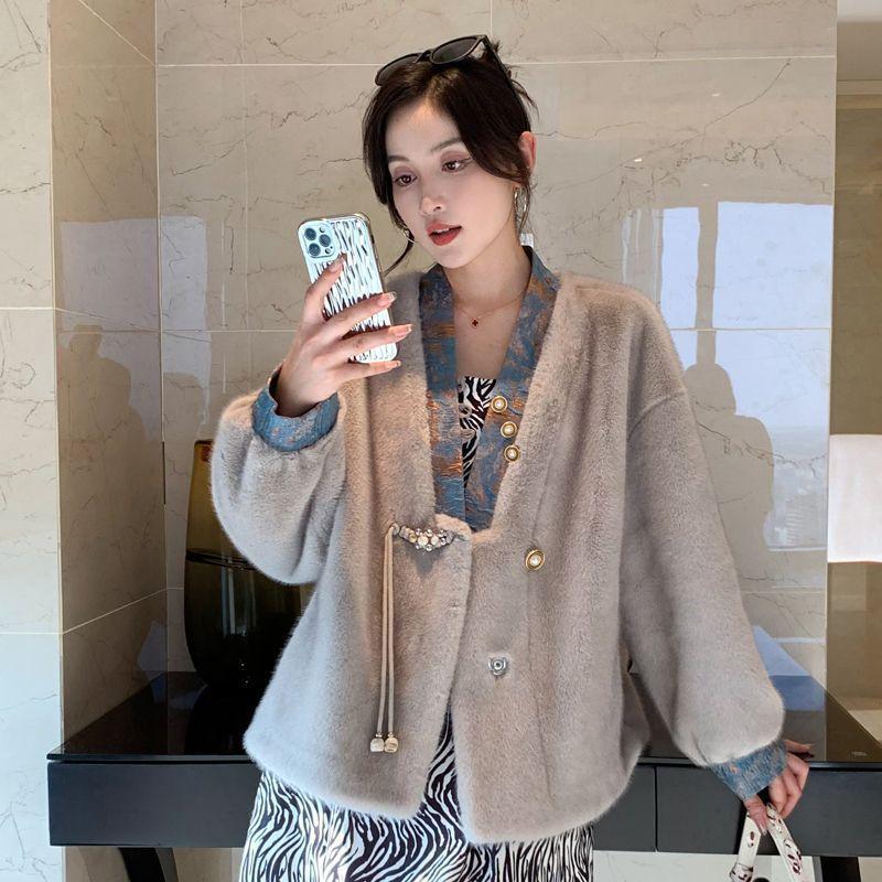 Autumn and winter new Chinese imitation mink fur coat women's short lamb wool fur integrated