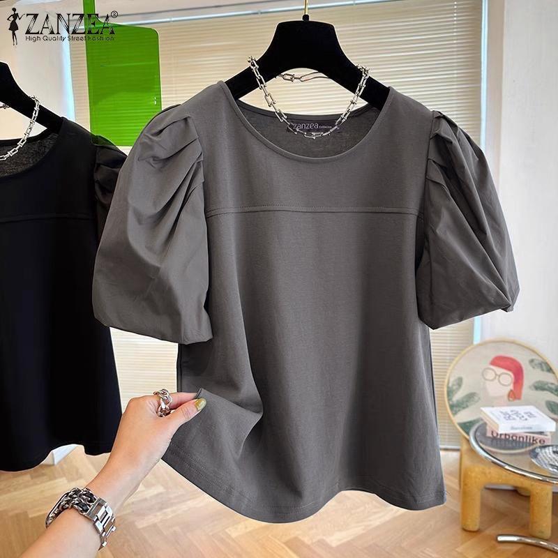 

ZANZEA Women Casual O-neck Puff Short Sleeve Patchwork Blouse S чёрный