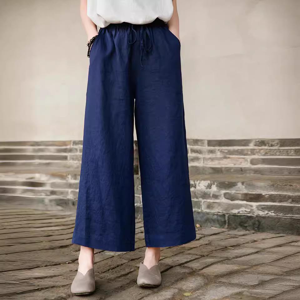 Women's Summer Cotton Linen Wide-Leg Pants - Versatile, Slimming, Nine-Point