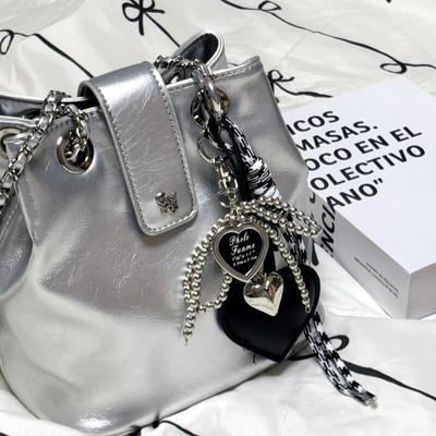 Trendy Leather Heart + Silver Ribbon Pendant Keychain Bag Hook