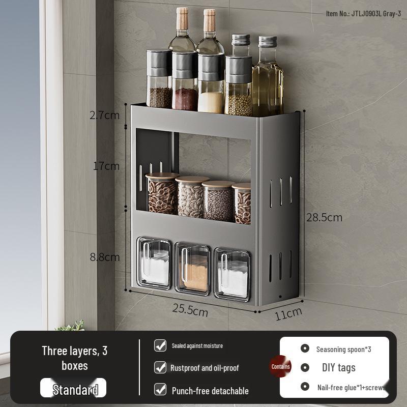 Punch-Free Wall-Mounted Kitchen Seasoning Rack with Jars