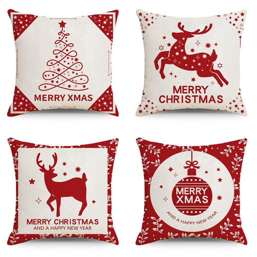 Set of 4 Trendy Christmas Pillow Covers 18x18 Red White Pillowcase Square Xmas Tree Snowflake Pattern Holiday Decor
