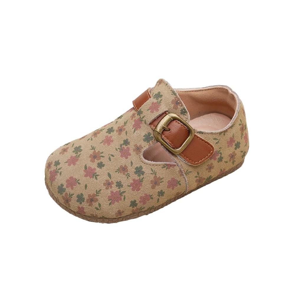 Girls Moccasins Round Toes Printed Flora Kids Flat Shoes Sweet Hook&loop 2025 New Children Leather Shoes Rubber Soft Sole Retro
