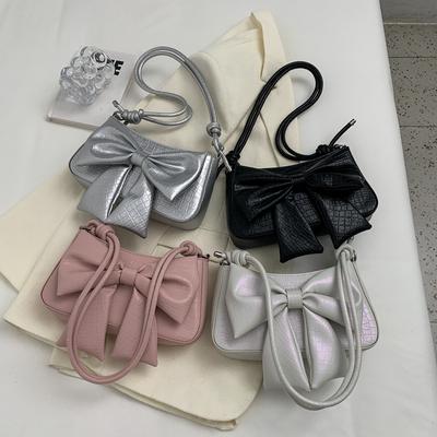 Damenhandtasche, Steinmuster, kleine süße Schleife, Schulter- und Seitentaschen für Damen, Trend-Silber-Design, Leder-Umhängehandtaschen, Unterarmtasche