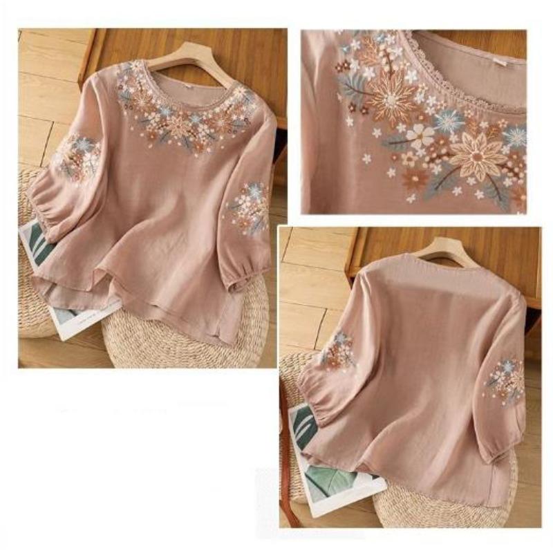 Ladies Shirt Spring Summer Round Neck Embroidered Women's Blouse Elegant Linen Lady Loose