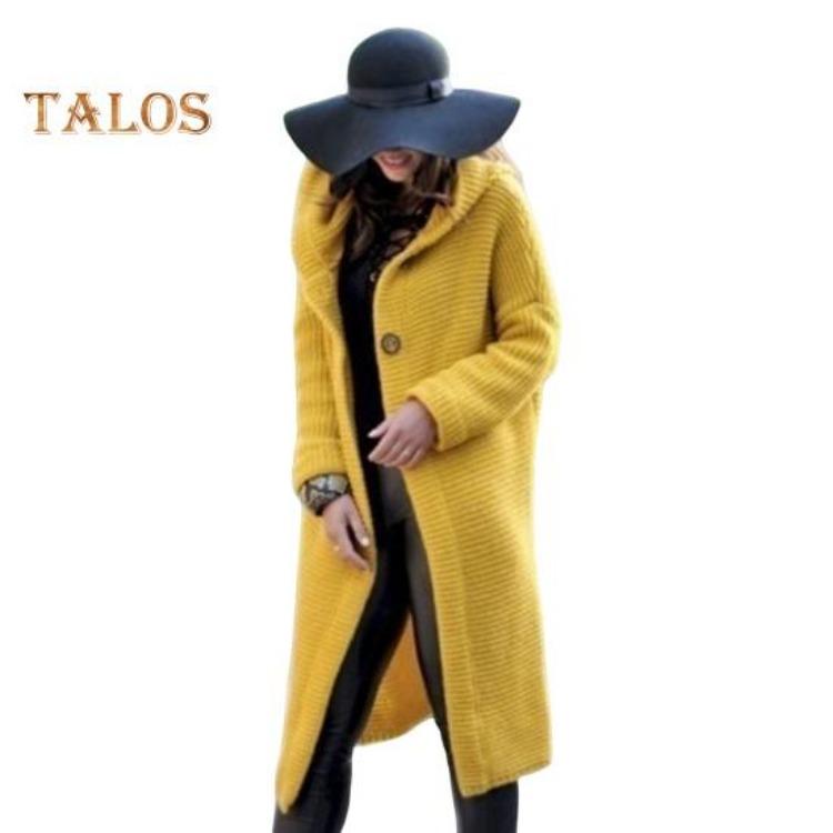 

Women Casual Long Sleeve Knit Cardigan Hooded Loose Fit Solid Color Sweater Coat Single Breasted S жёлтый