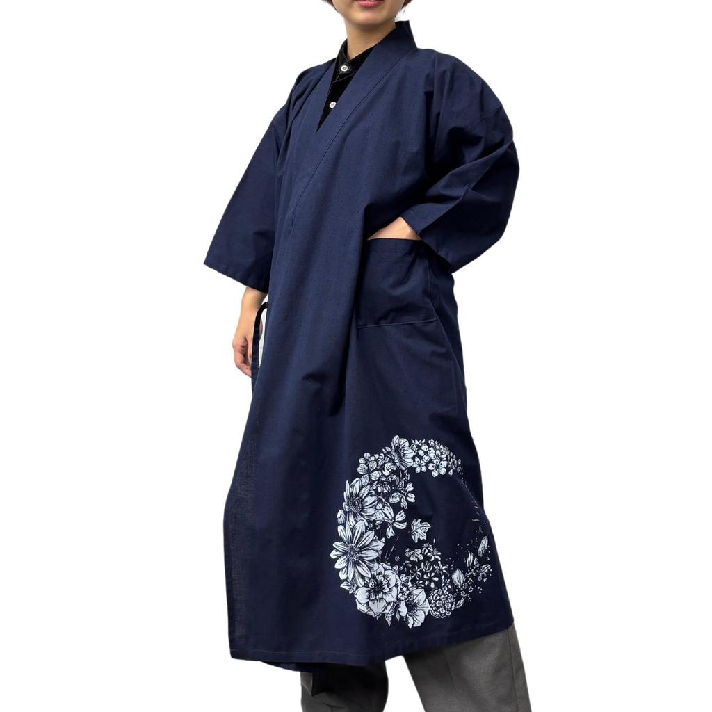 Exclusive Original Mizuyagi Length Bouquet [momoten] [Amazon Brand] (Mizuyagi) Kimono, Workwear, Samue, Haori, Bathrobe, Apron, Navy, 120cm,