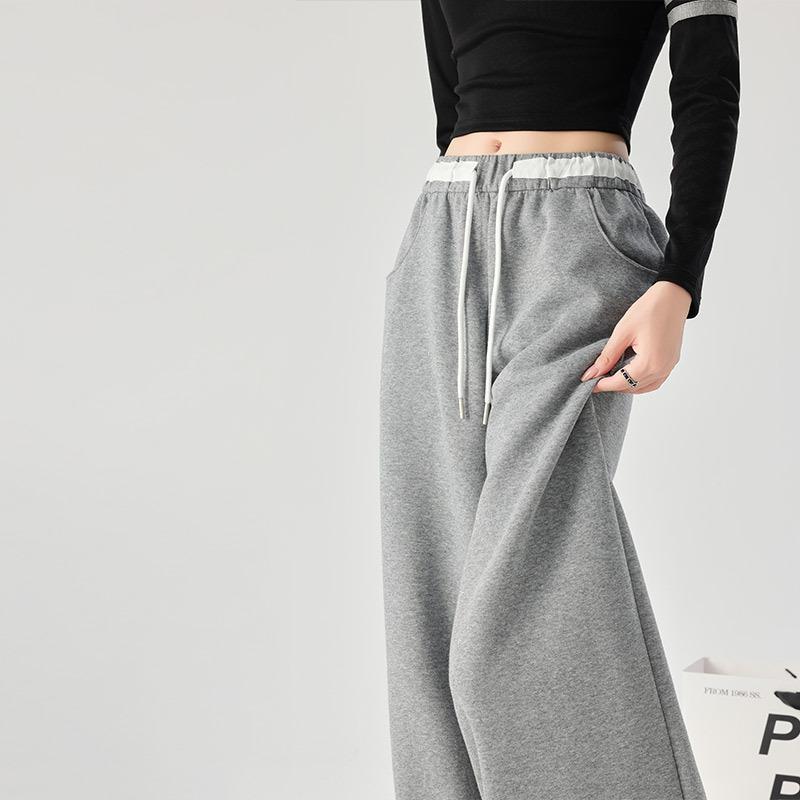 Color Blocking Kalhoty s širokými nohavicemi pro ženy na jaro, Volné kalhoty se šněrováním s vysokým pasem, Ležérní sportovní kalhoty s rovnými nohavicemi