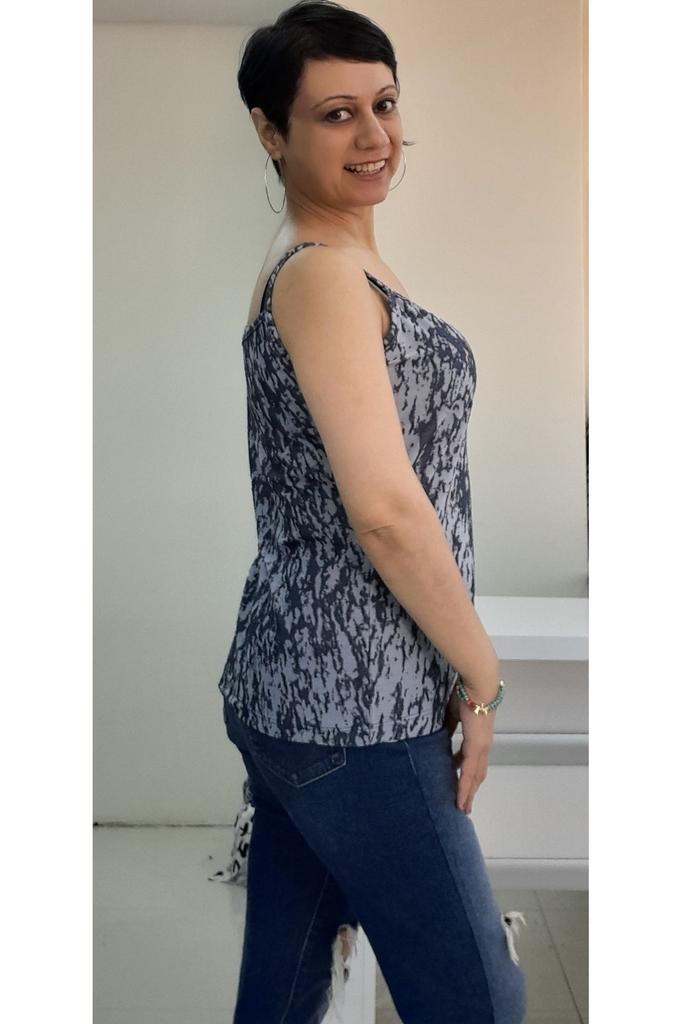 Women's Style Big Size T-Shirt Navy Blue Patterned Rope Strap Combed Cotton Viscose T-Shirt