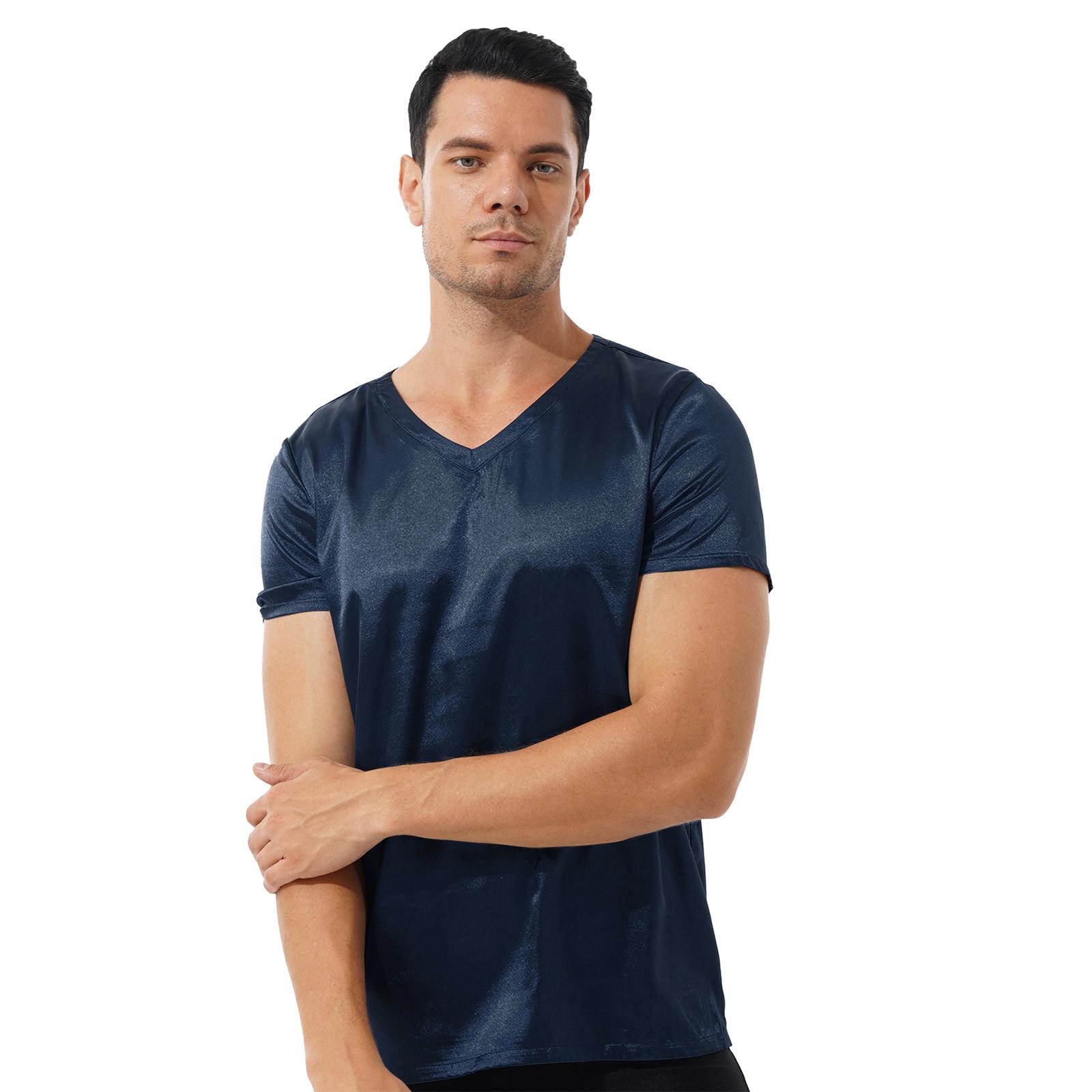Daenrui Heren Slaapshirt V-hals Korte Mouw Satijnen T-shirt Losse Pyjama Tops Casual Kleding L marineblauwe kleur