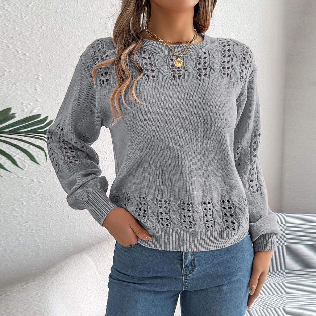 Women's Loose Solid Color Round Neck Hollow Sweater Long Sleeve Pullover Top