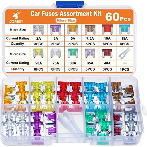 

JOREST 60pcs Car Fuses for Car/Truck/Motorcycle (2A 3A 5A 7.5A 10A 15A 20A 25A 30A 35A 40A), Low Profile Flat Fuses + 1pc Fuse Clip