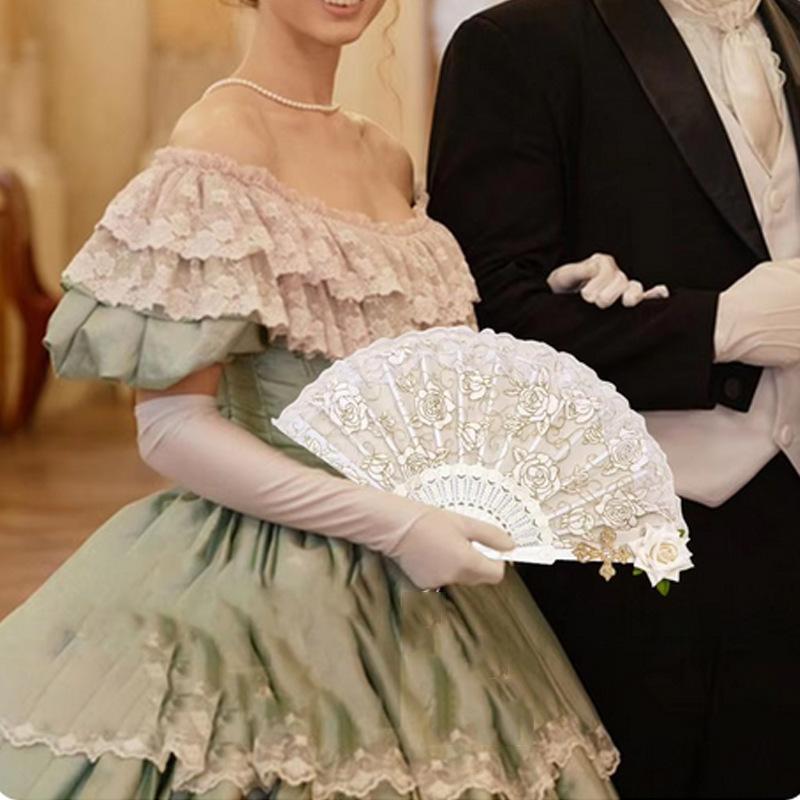 Female Lace Hand Fan Lolita Gothic Fan Victorian Vintage Black White Red Rose Bamboo Fans Cosplay Halloween Party Photo Prop