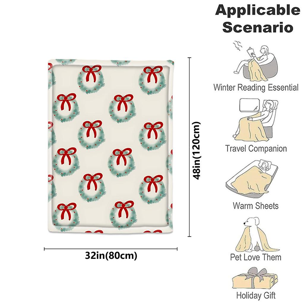 1pc Cozy Flannel Blanket 280gsm - Plush Wreath & Bow Green Grey Olive Green with Red Bow - Large Soft Bedspread for Couch, Sofa,