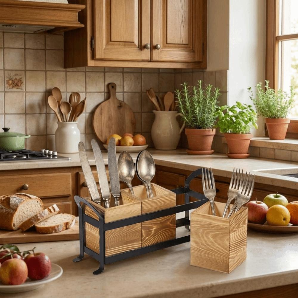Wooden Tableware Storage Box Large Capacity Flatware Organizer Rustic Utensil Holder Makeup Brush