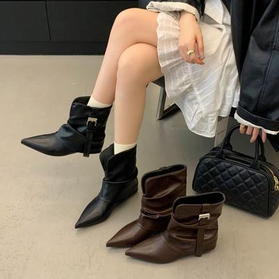 Wasteland Wind Thick Heel Trouser Tube Boots Women's Pointed Xinjiang Boots 2025 Autumn New Medium Tube Black Knight Boots