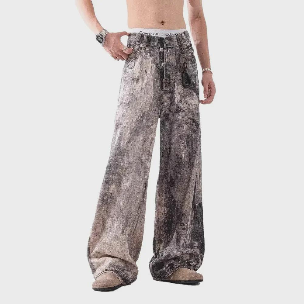 2024 Blugi Unisex cu Talie Înaltă și Picior Larg, Vopsiți prin Jet de Cerneală, Distresați