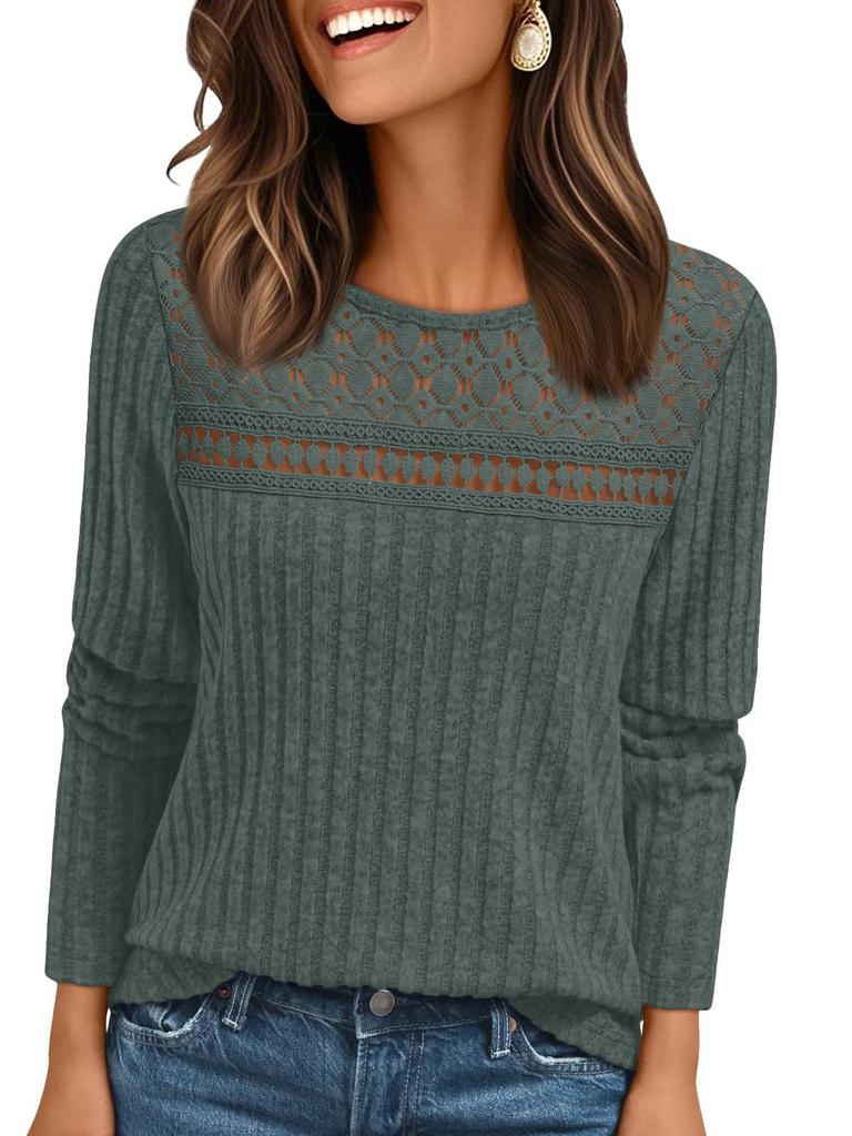 Women's Round Neck Long Sleeve Knit Top with Lace Insert and Contrast Band