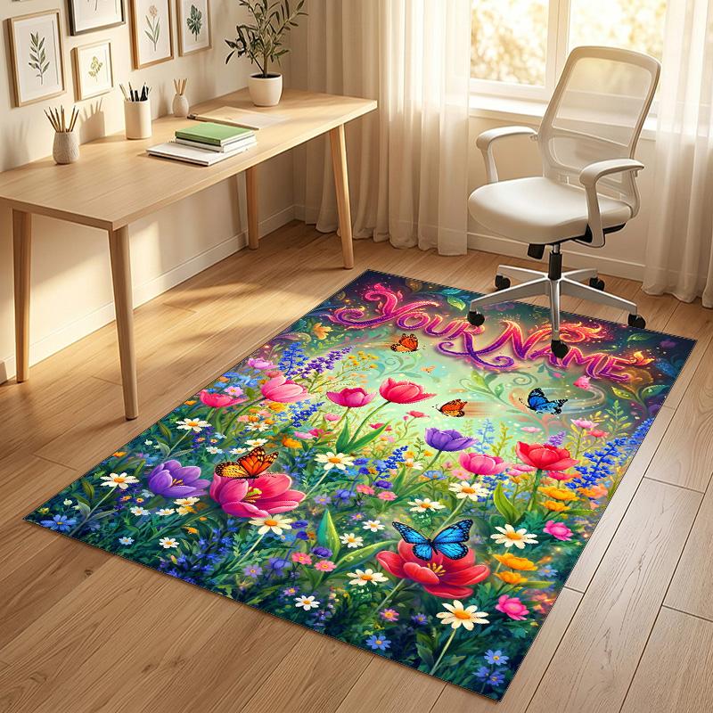 Floral Garden Theme Crystal Velvet Rug Personalized Custom Name Text Soft Floor Mat Home Decor