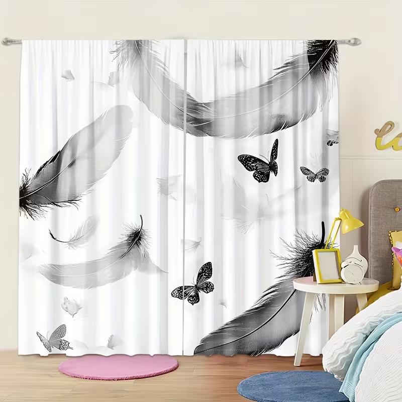 Minimalist Black White Feather Butterfly Curtains Monochrome Print Sheer Drapes Home Decor Bedrooms Made Of Polyester Master Bedroom