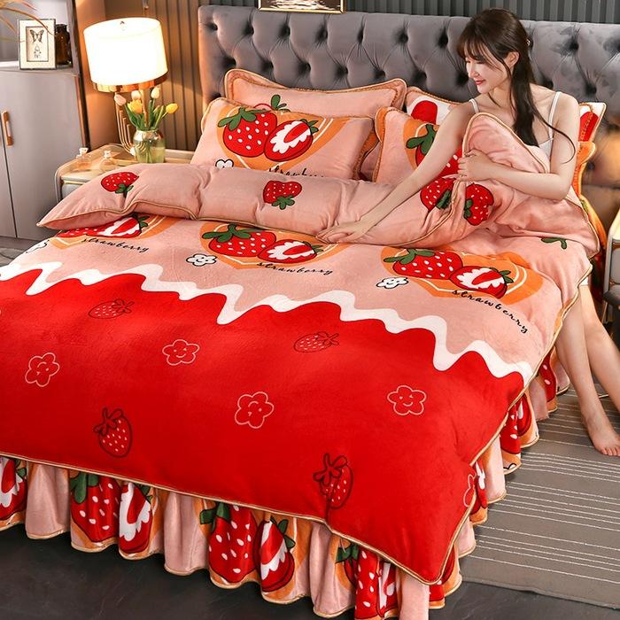 Maternal And Infant Grade Thickened Milk Fleece Four-Piece Set, Double-Sided Coral Fleece Fleece Quilt Cover, Flannel Bed Sheet