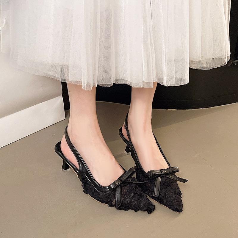 

Модные нарядные сандалии-слингбэки из кружева с цветочным узором, женский дизайнерский бренд, с острым носком, слипоны, сандалии, женские элегантные туфли на низком каблуке с бантом 35 чёрный