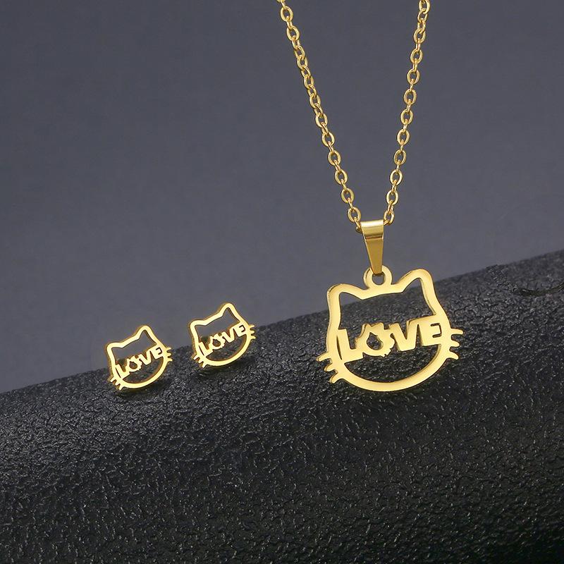 Gold Color Cute Animal Footprints Earrings Set Dog Cat Footprints Paw Necklaces Pendants Women Stainless Steel Zircon TZ329