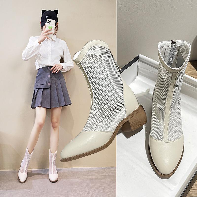 Inner Height Martin Boots for Summer, Thin Design for Petite Women, White Spring and Autumn Hollow Breathable Mesh, Summer Short Boots