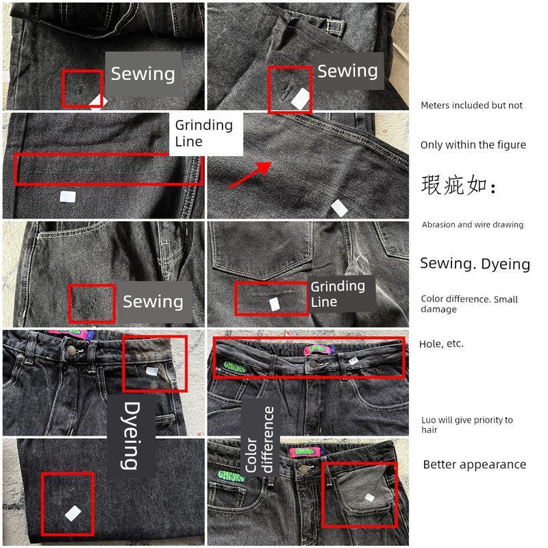 Original Single EMP * YRE Loiter High Waist Black Mineral Wash Embroider Contrast Color Stitching Loose Straight-leg Denim