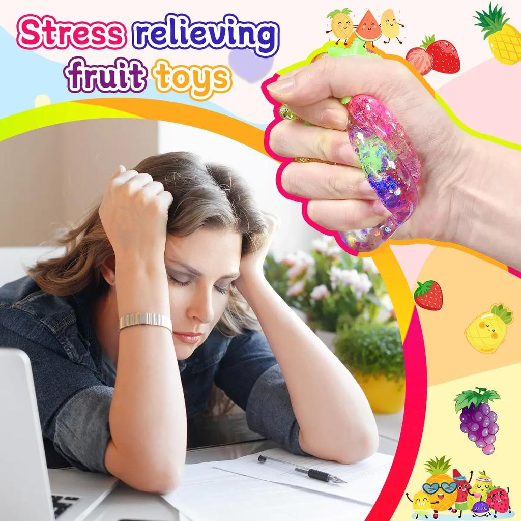 3Pcs Glittery Fruit Shaped Stress Relief Ball Set, Sensory Squeeze Toys, Random Style & Color