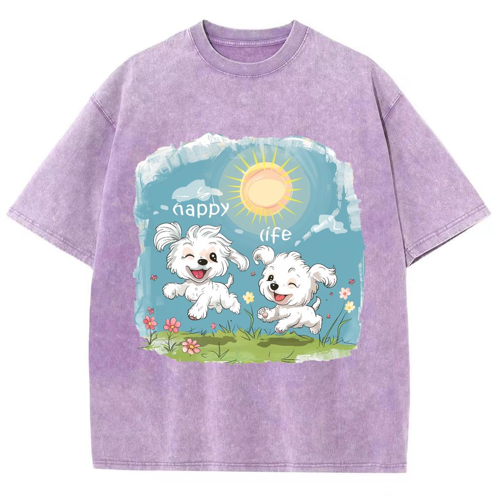 Summer Women's T-Shirt Cartoon Puppy Playful Print Y2K Oversized Crew Neck Short Sleeve Wash Unisex Casual Fairy Top